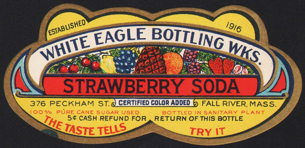 Vintage soda pop bottle label WHITE EAGLE STRAWBERRY early die cut Fall River MA