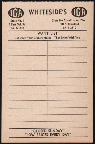 Vintage receipt WHITESIDES IGA Want List Fort Scott Kansas unused n-mint condition