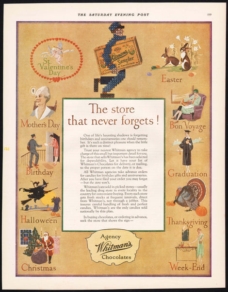 Vintage magazine ad WHITMANS AGENCY CHOCOLATES from 1927 with Holidays pictured