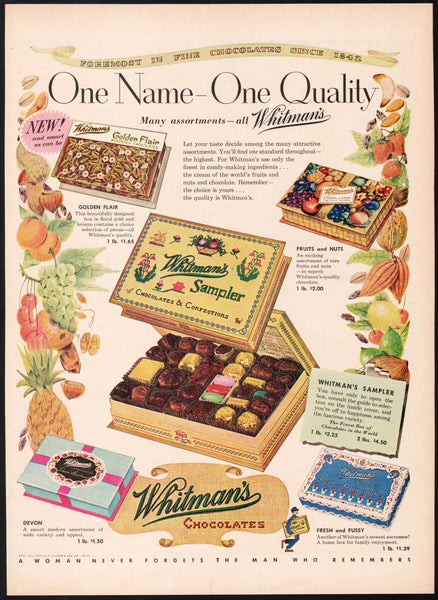Vintage magazine ad WHITMANS CHOCOLATES 1953 five priced boxes of candy pictured