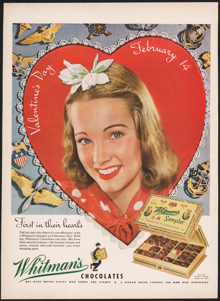 Vintage magazine ad WHITMANS CHOCOLATES from 1944 Valentines Day woman pictured