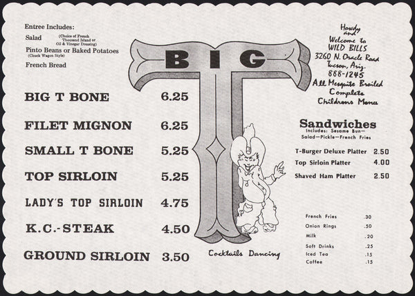 Vintage placemat WILD BILLS BIG T steaks cartoon cowboy Tucson Arizona n-mint