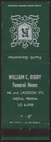 Vintage matchbook cover WILLIAM C RIGBY Funeral Home from Media Pennsylvania