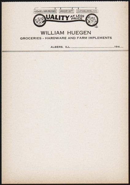 Vintage receipt WILLIAM HUEGEN Groceries Hardware Implements 1940s Albers Illinois