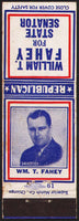 Vintage matchbook cover WILLIAM T FAHEY for State Senator 1940 in West Virginia
