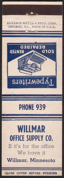 Vintage matchbook cover WILLMAR OFFICE SUPPLY with a typewriter pictured Minnesota