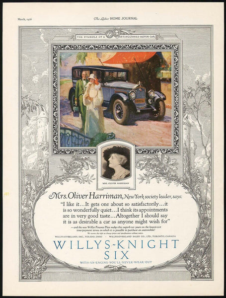 Vintage magazine ad WILLYS KNIGHT SIX automobile 1926 Mrs Oliver Harriman pictured