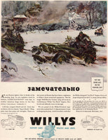 Vintage magazine ad WILLYS OVERLAND JEEP 1943 James Sessions WWII winter scene
