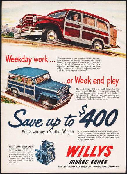 Vintage magazine ad WILLYS 1951 Weekday work or Week end play station wagons