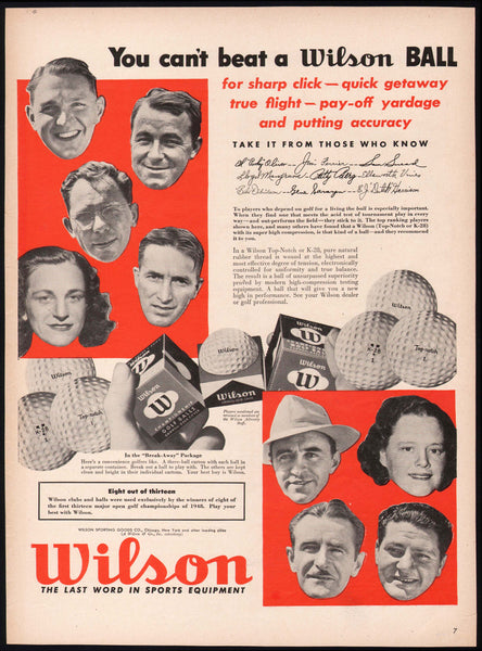 Vintage magazine ad WILSON GOLF BALLS 1948 picturing pro golfers Snead Ferrier