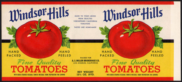Vintage label WINDSOR HILLS TOMATOES A S Miller Los Angeles California n-mint+