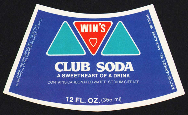 Vintage soda pop bottle label WINS CLUB SODA Milwaukee Wisconsin new old stock