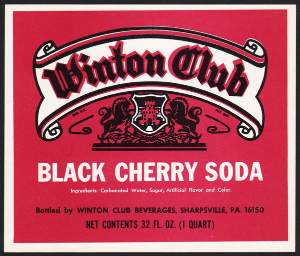Vintage soda pop bottle label WINTON CLUB BLACK CHERRY Sharpsville PA n-mint+