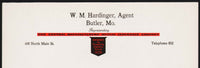 Vintage letterhead W M HARDINGER Central Insurance Butler Missouri unused n-mint+