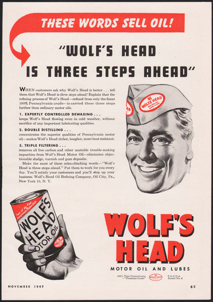 Vintage magazine ad WOLFS HEAD Motor Oil and Lubes 1947 man holding can pictured