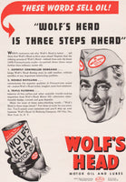 Vintage magazine ad WOLFS HEAD Motor Oil and Lubes 1947 man holding can pictured