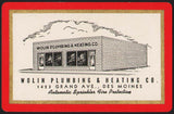 Vintage playing card WOLIN PLUMBING and HEATING CO building pictured Des Moines Iowa