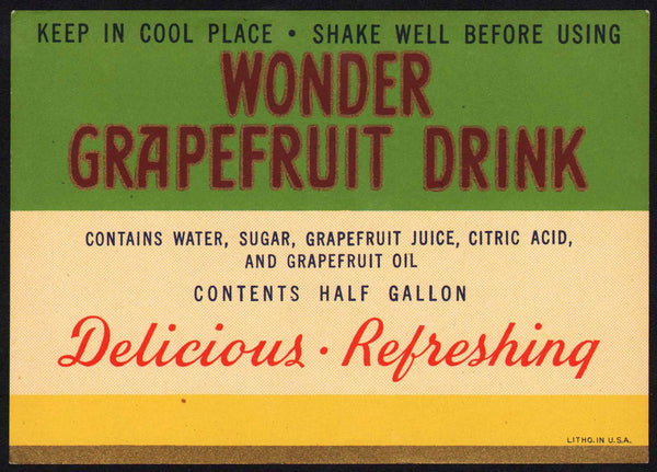 Vintage soda pop bottle label WONDER GRAPEFRUIT DRINK unused new old stock n-mint+