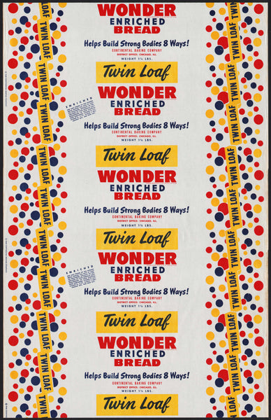 Vintage bread wrapper WONDER TWIN LOAF 1948 Continental Baking Chicago ILL unused