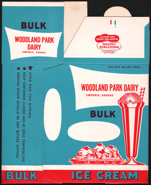 Vintage box WOODLAND PARK DAIRY Bulk Ice Cream sundae 1954 Emporia Kansas n-mint