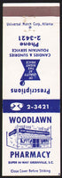 Vintage matchbook cover WOODLAWN PHARMACY building pictured Greenville South Carolina