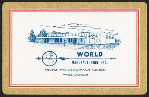 Vintage playing card WORLD MANUFACTURING gold border building pictured Wayne Michigan