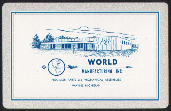 Vintage playing card WORLD MANUFACTURING silver border building pictured Wayne Michigan