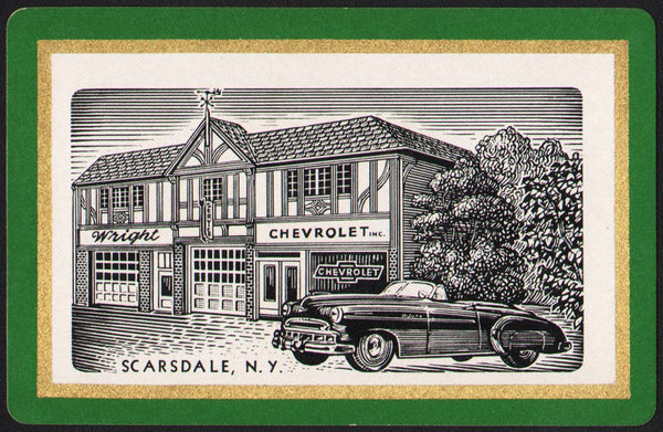 Vintage playing card WRIGHT CHEVROLET green border dealership pictured Scarsdale NY