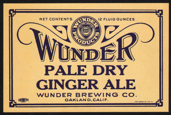 Vintage soda pop bottle label WUNDER GINGER ALE Oakland California new old stock