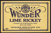 Vintage soda pop bottle label WUNDER LIME RICKEY Oakland California unused n-mint+