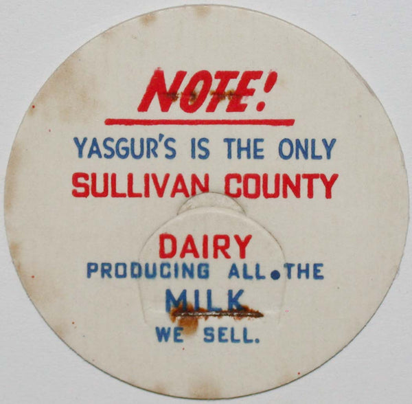 Vintage milk bottle cap YASGURS SULLIVAN COUNTY DAIRY Bethel New York Woodstock