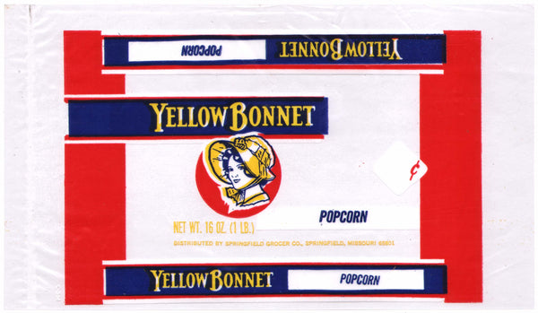 Vintage bag YELLOW BONNET POPCORN girl picture Springfield Grocer Missouri n-mint