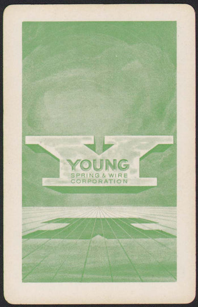 Vintage playing card YOUNG SPRING and WIRE CORPORATION with a green background