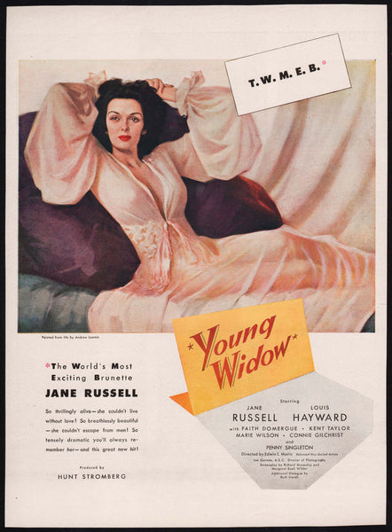 Vintage magazine ad YOUNG WIDOW movie from 1946 Jane Russell and Louis Hayward