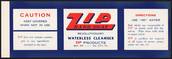Vintage label ZIP HAND SOAP Oil City Pennsylvania unused new old stock n-mint